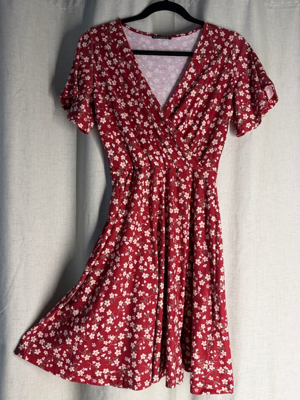 Red Floral Wrap Mini Dress with Flutter Sleeves